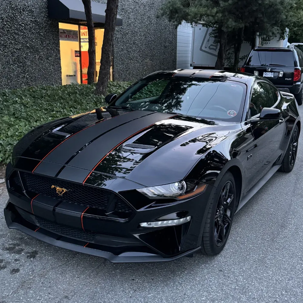 Black Ford Mustang GT with racing stripes after an exterior detail